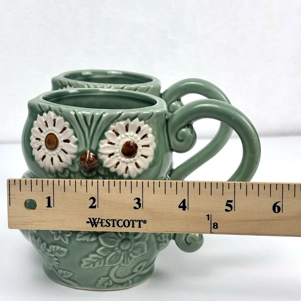 Pier 1 Stoneware Owl Mugs Set of 2 Sage Jade Green Embossed Floral Coffee Cups